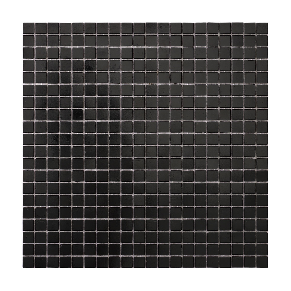Obverse side of black square fired earth glass mosaic tiles 15mm x 15mm.