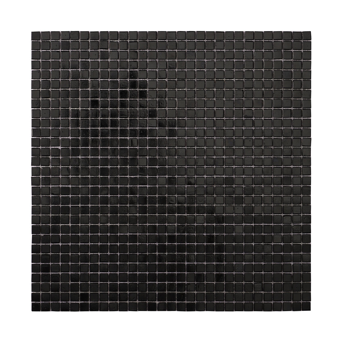 Obverse side of black square glass tiny mosaic tiles 10mm x 10mm.