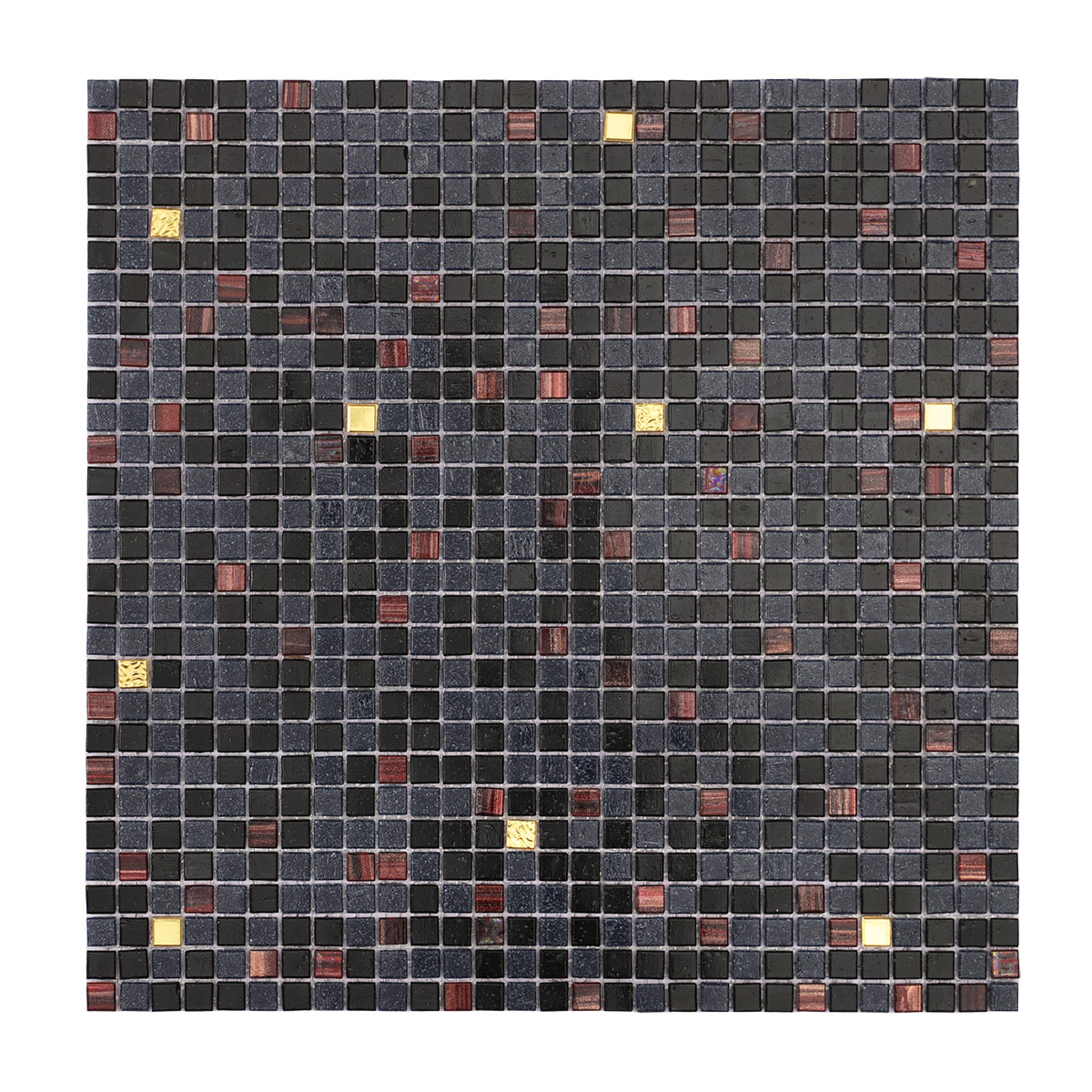 Front view of black mixed glass micro mosaic tiles with gold.