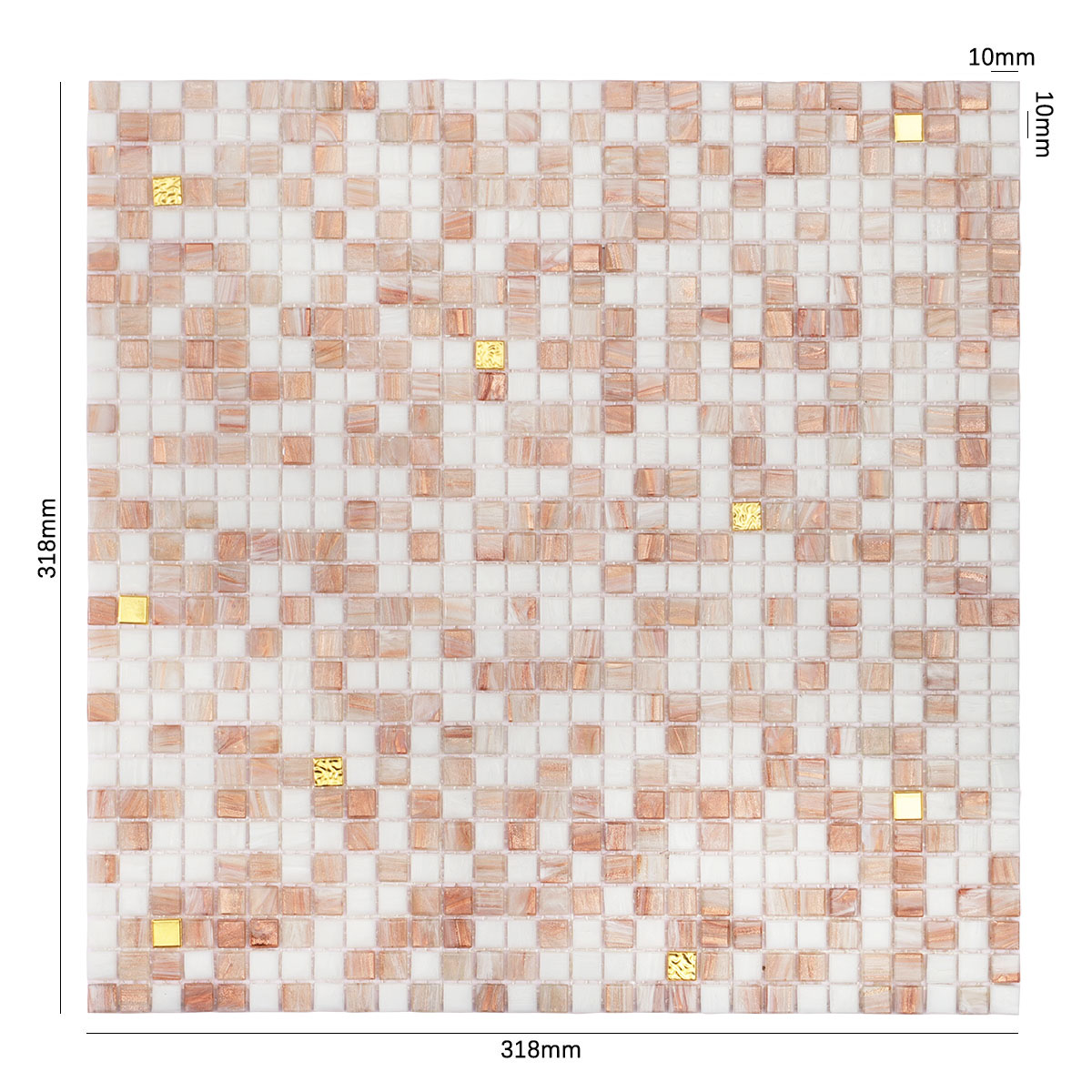 Obverse side of white and beige tiny glass mosaic tiles with 24K gold, showing size.