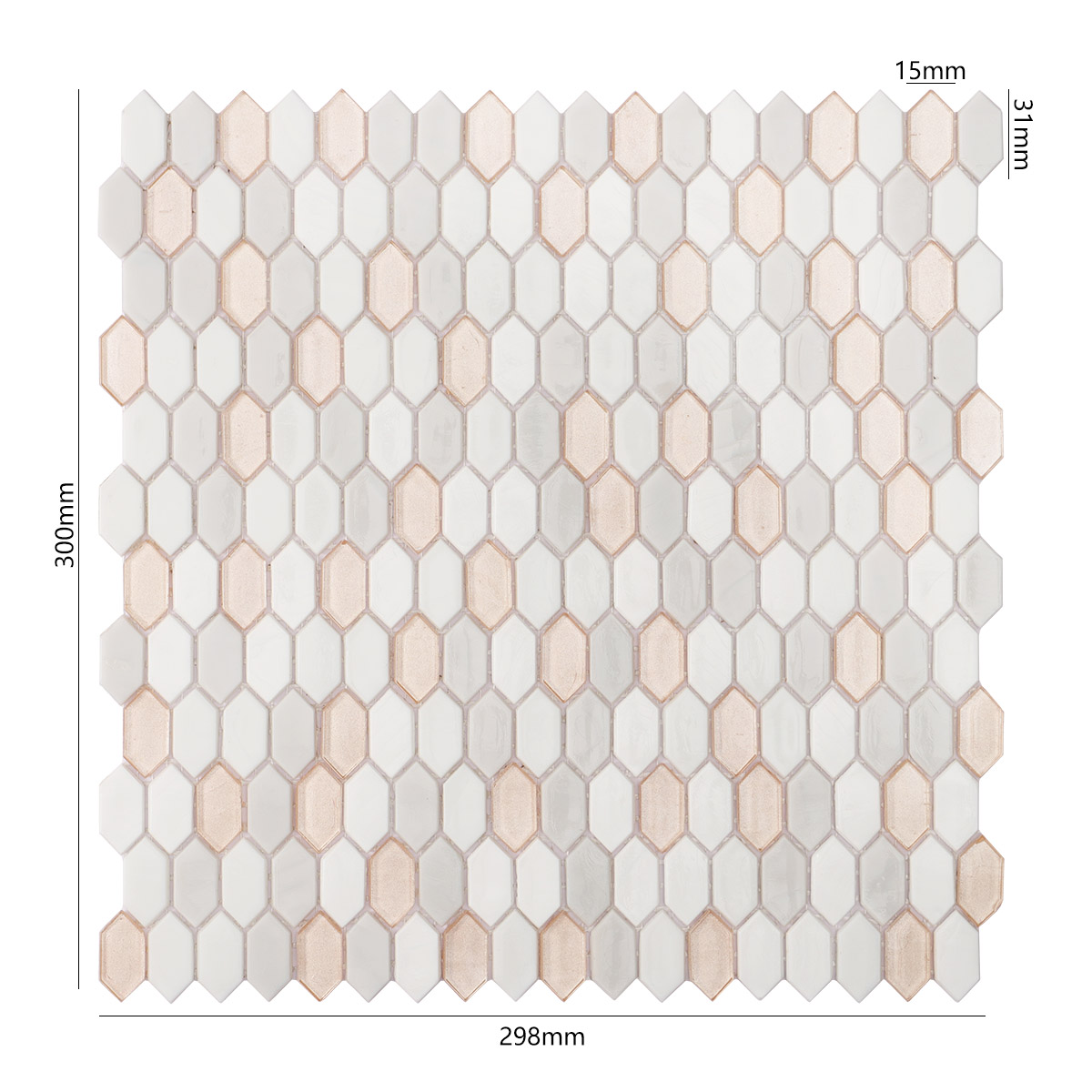 Obverse side of beige mixed fired earth glass mosaic picket tiles, showing size.