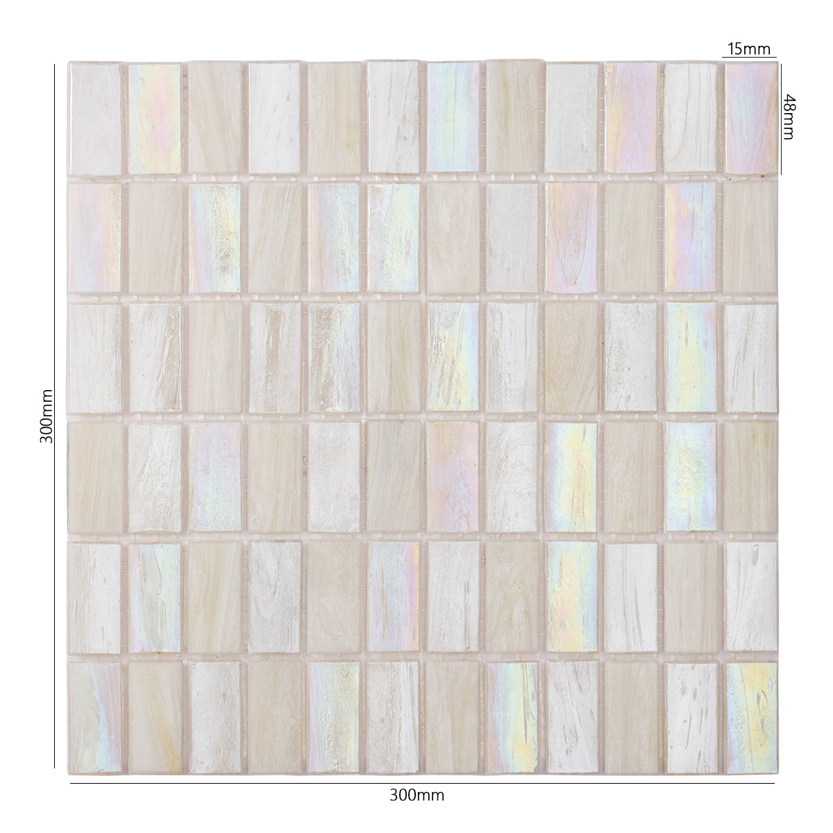 Obverse side of rectangle beige multicolor iridescent glass mosaic tiles, showing size.