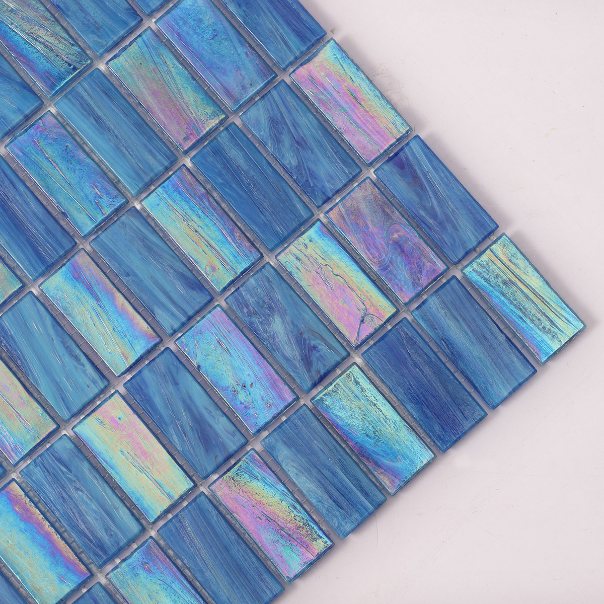 Rectangle Iridescent Blue Checkerboard Glass Mosaic Tiles  detail
