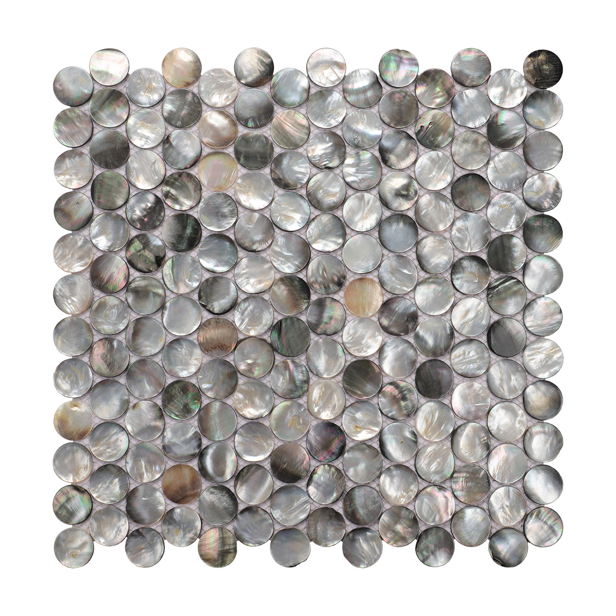 Sheet of black mother of pearl penny round tiles, obverse side displayed.
