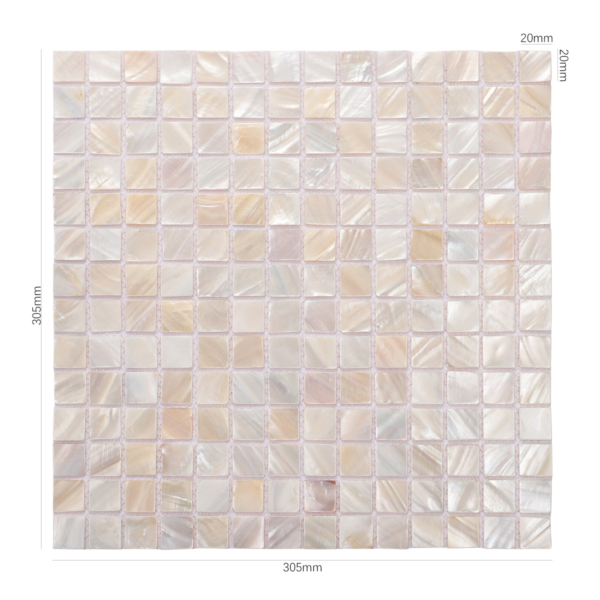 Sheet of beige iridescent mother of pearl square tiles, front side with size details.