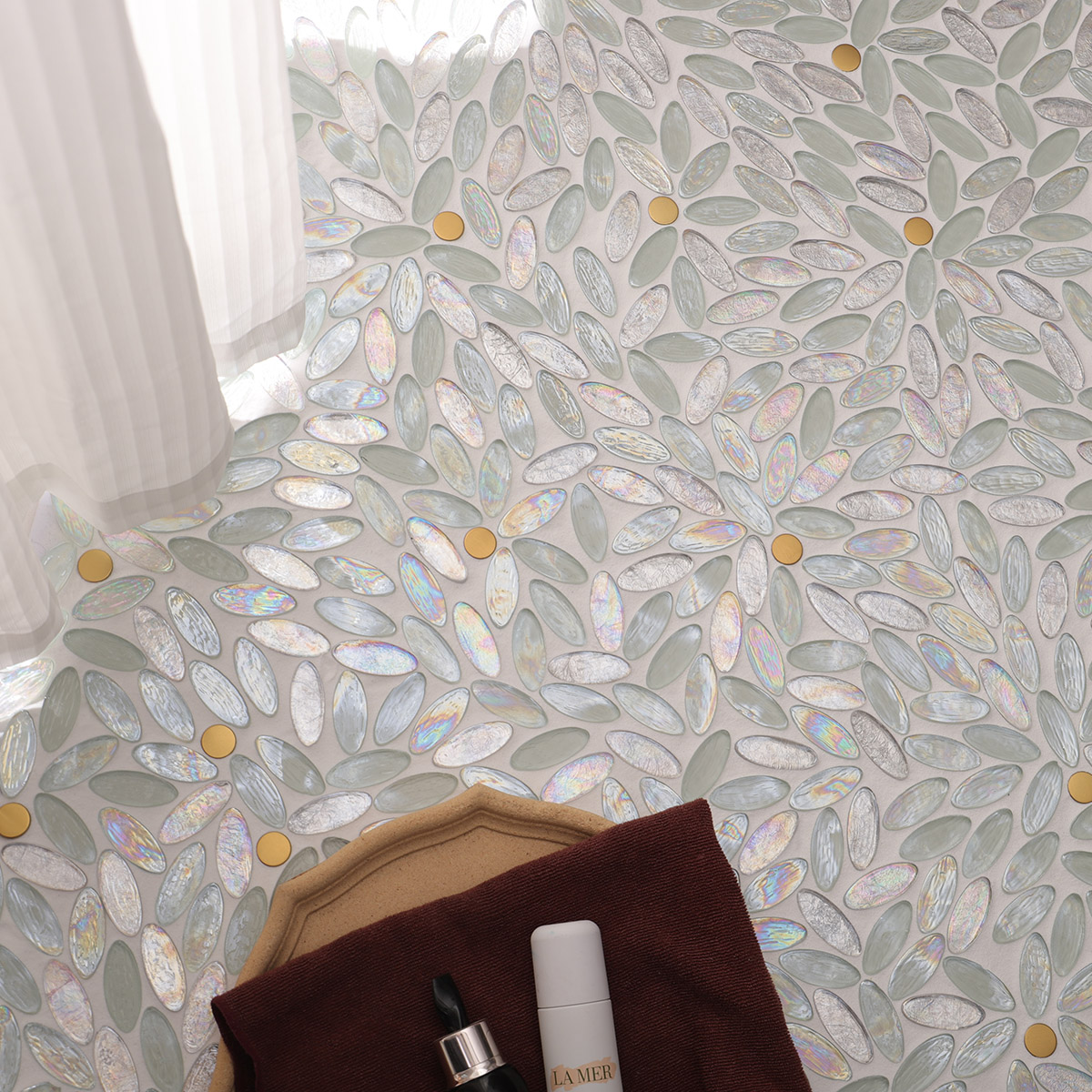 Iridescent White Oval Glass Mosaic mixed Gold Metal  Accents