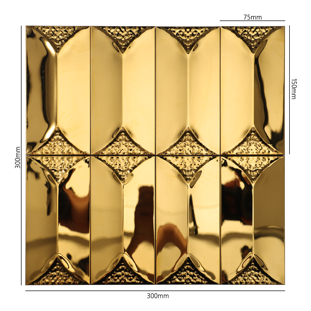 Front side of gold rectangle 3D metal mosaic, size details visible