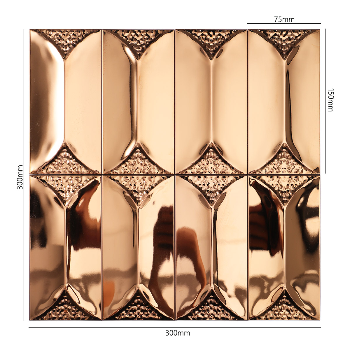 Front side of champagne gold metal mosaic tiles with size details