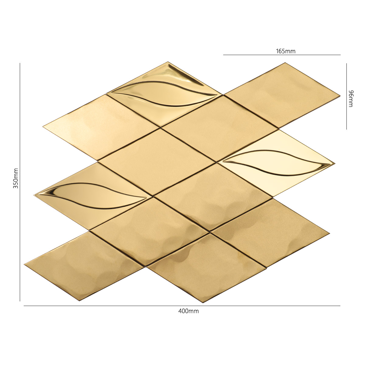 Front of 3D golden diamond stainless steel mosaic, with size details