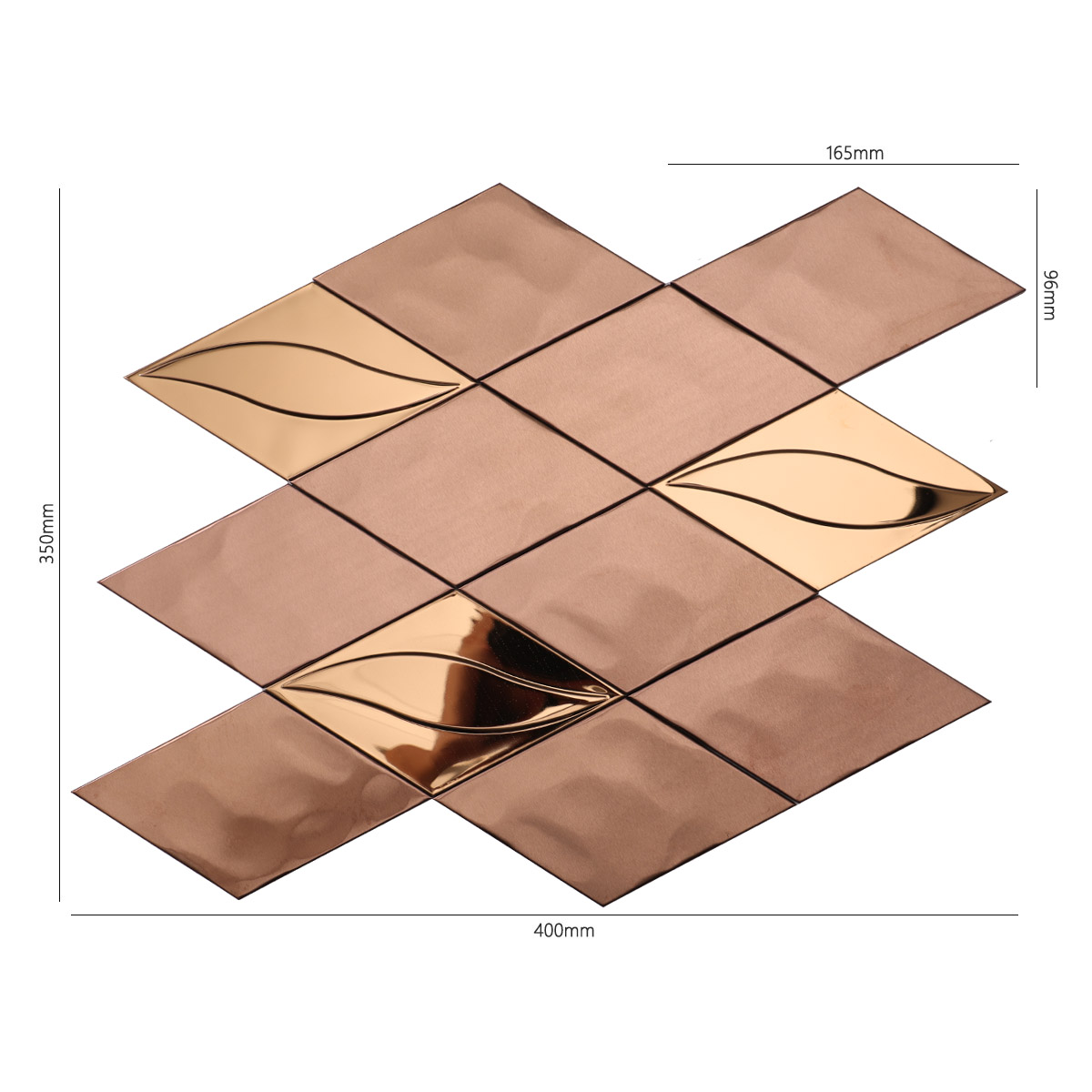 Front of rose gold diamond metal mosaic, with size details