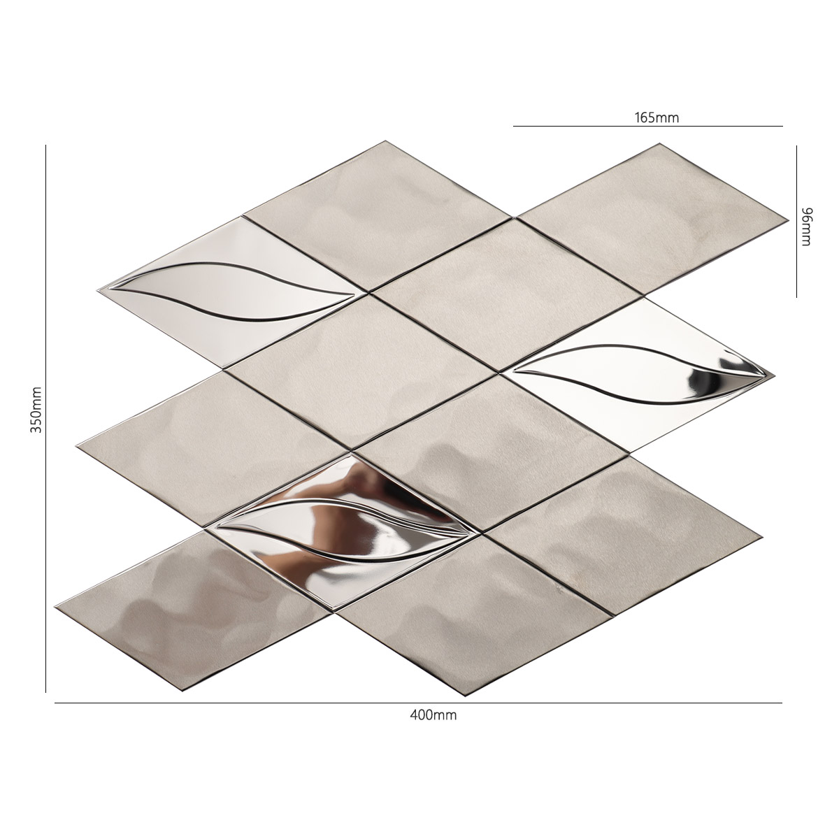 Front of mirror silver diamond stainless steel mosaic, with size details