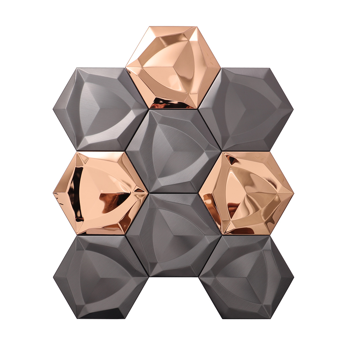 Front side of 3D black and gold hexagon metal mosaic tiles