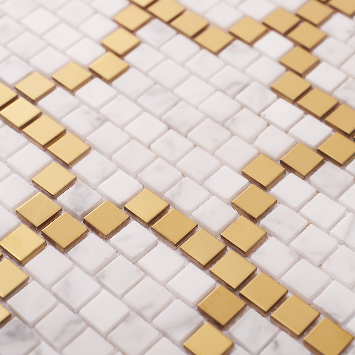 Close-up of the middle section of metal and white marble pixel art mosaic tiles