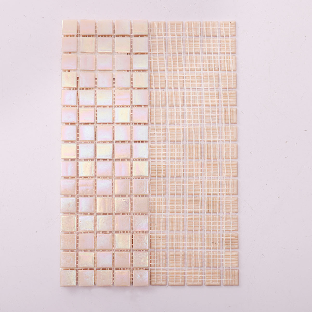 Back side of rose pink square glass mosaic tiles, folded