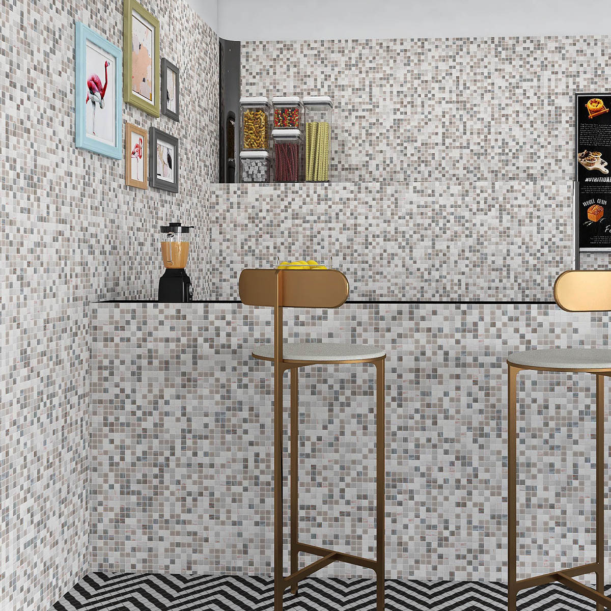 Gray and white square glass mosaic wall tiles in bar counter area