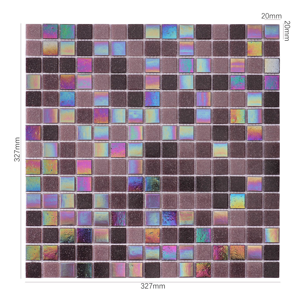 Size view of obverse side of purple uniform square glass mosaic tiles