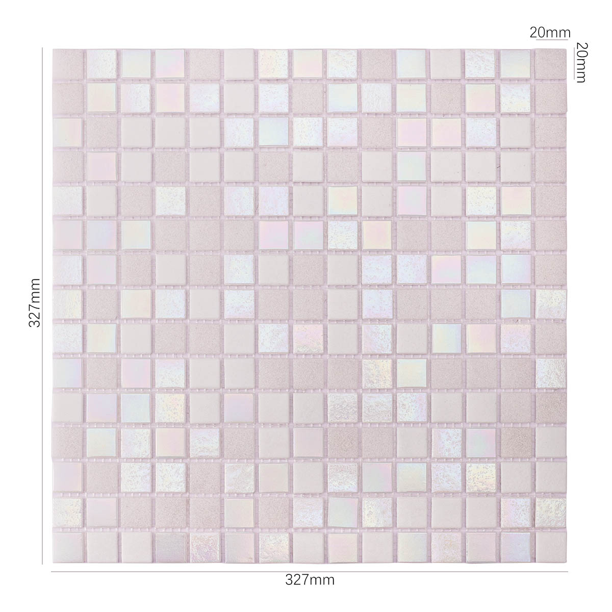 Obverse side of shining white square glass mosaic tiles, showing size