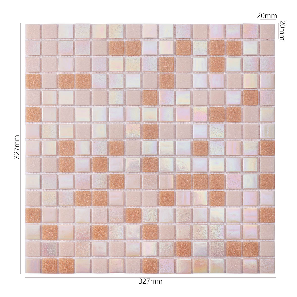 Obverse side of light pink and yellow glass mosaic tiles, showing size