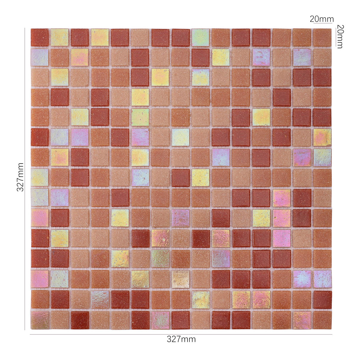 Obverse side of orange and yellow mixed glass mosaic tiles, showing size