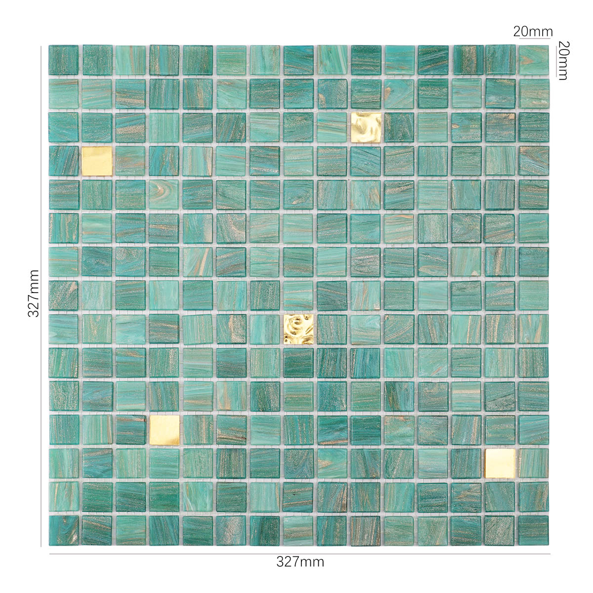 Obverse side of green and gold glass mosaic tiles with size