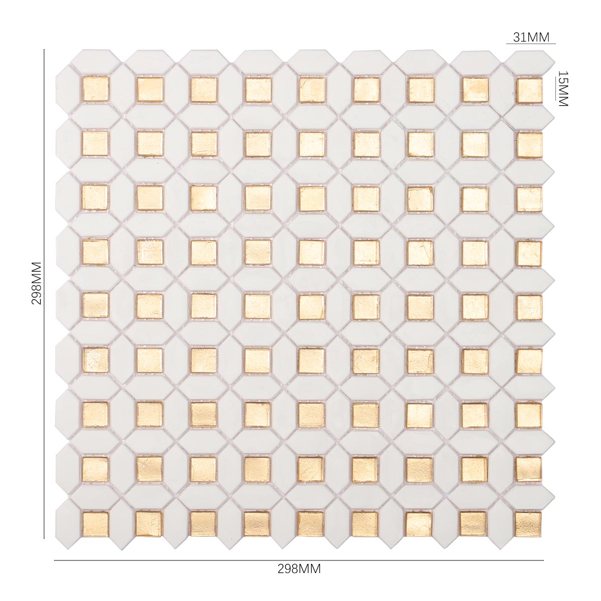 Obverse side of glossy gold and white glass mosaic tiles, showing size