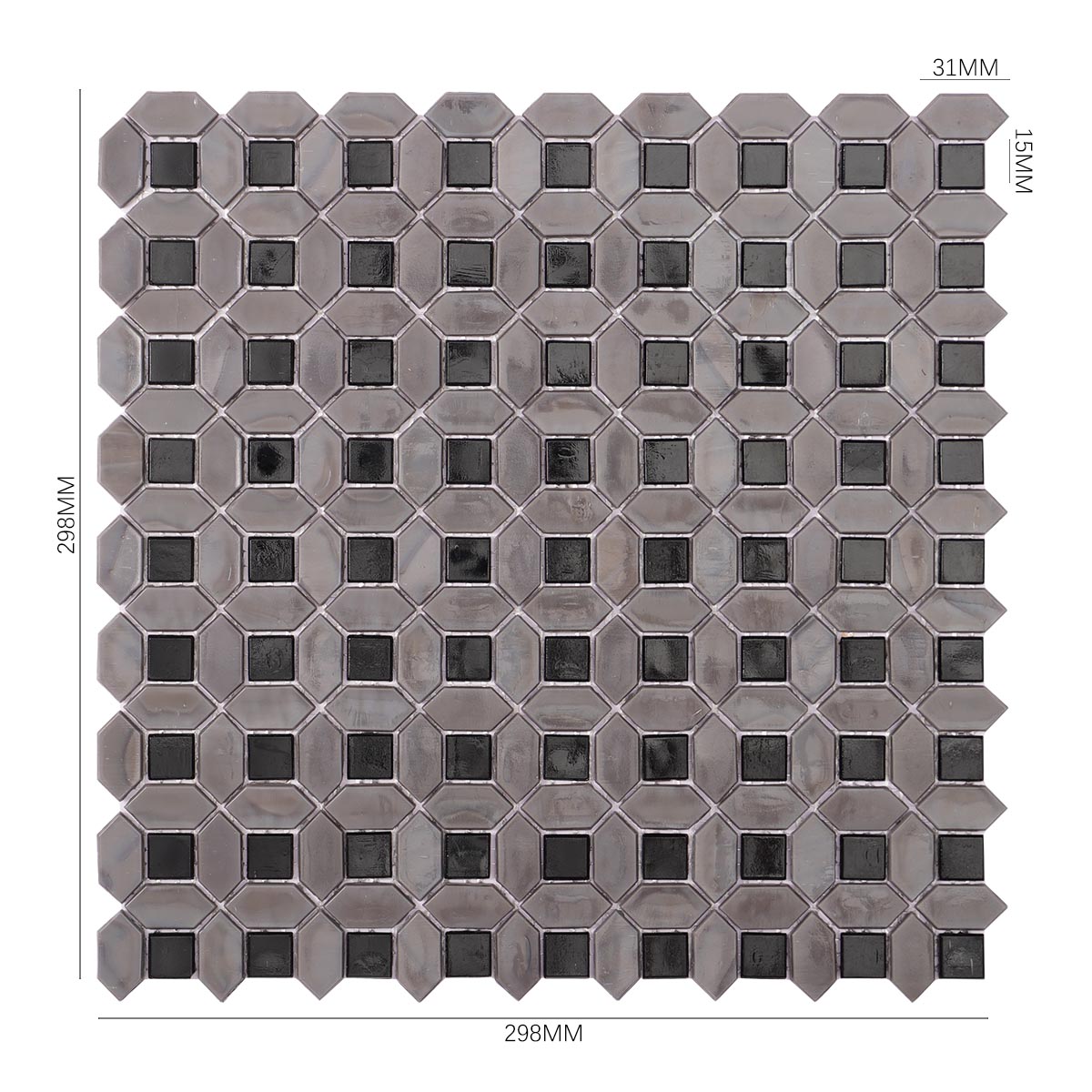 Obverse side of gray picket and black square glass mosaic tiles, showing size