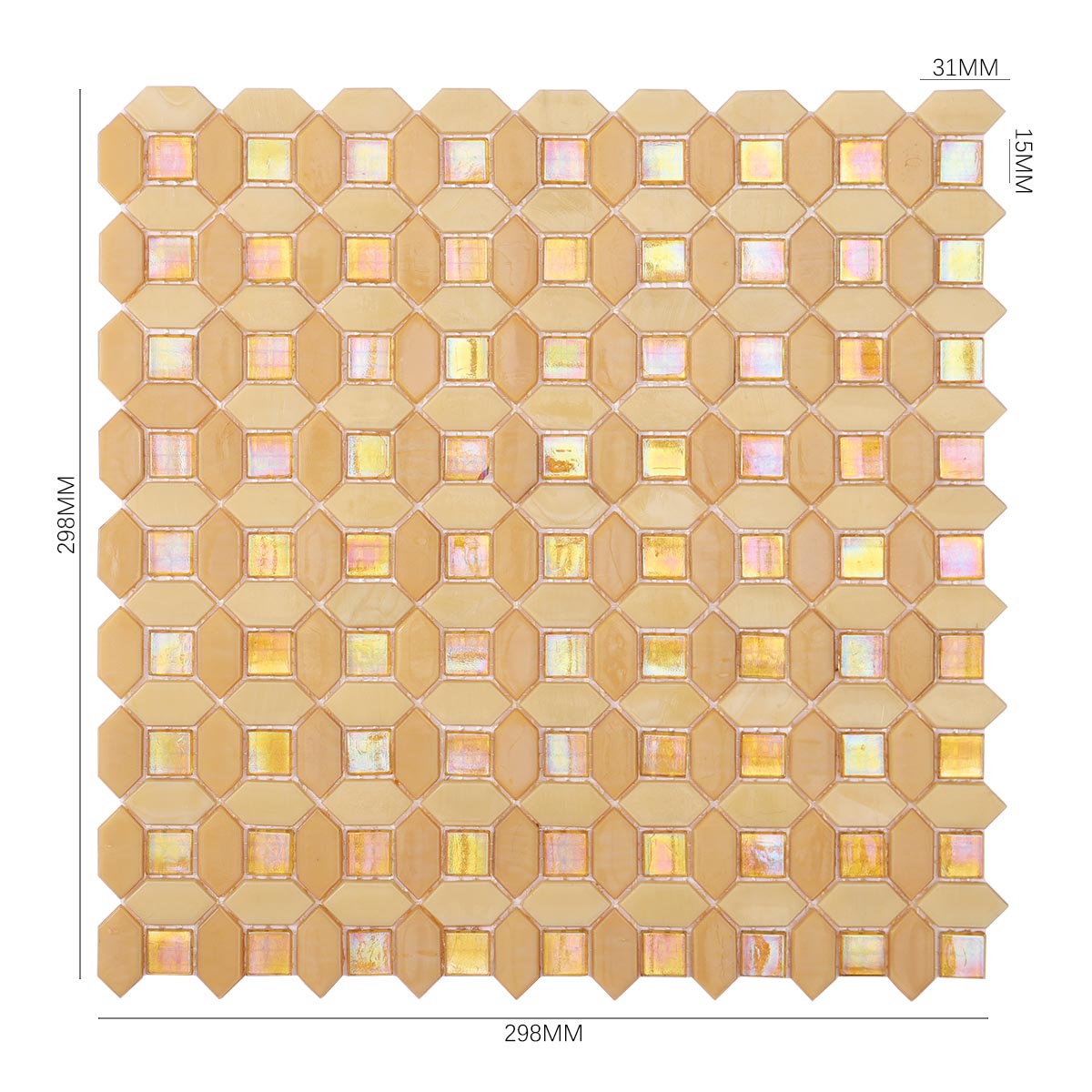 Obverse side of iridescent orange picket glass mosaic tile, showing size