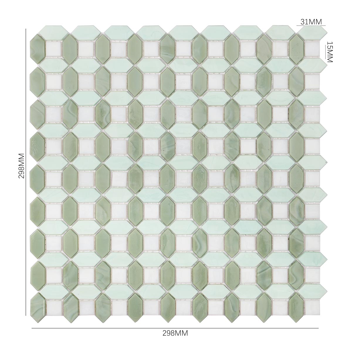 Detailed size of white and coastal green picket glass mosaic tile obverse