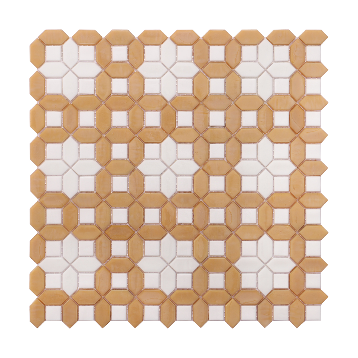 Obverse side of white and deep beige picket polished glass mosaic tiles