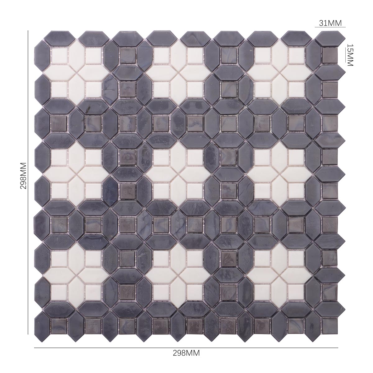 Detailed close-up of gray and white picket with square glass mosaic tiles