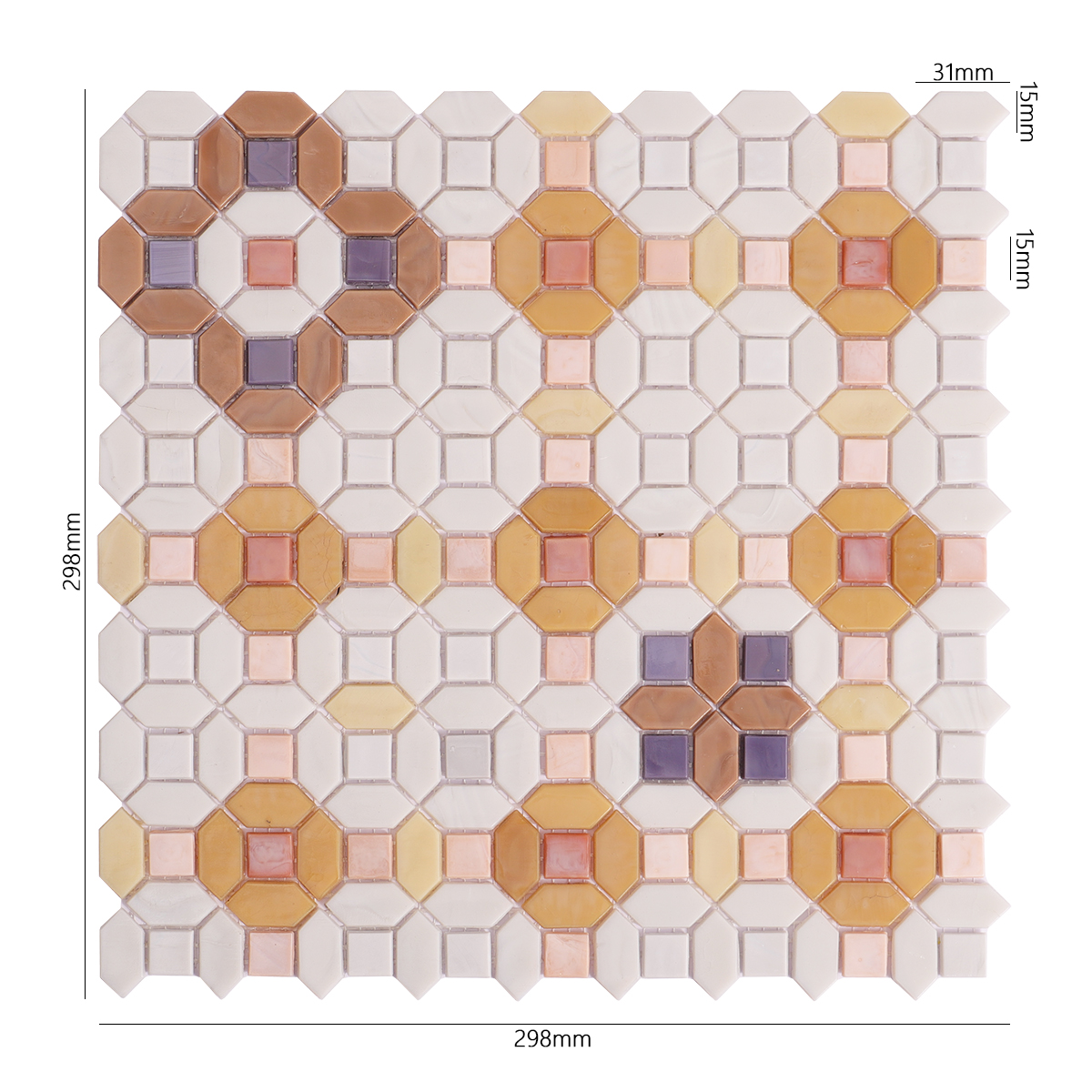 Obverse side of floral orange and white glass mosaic tiles, showing size