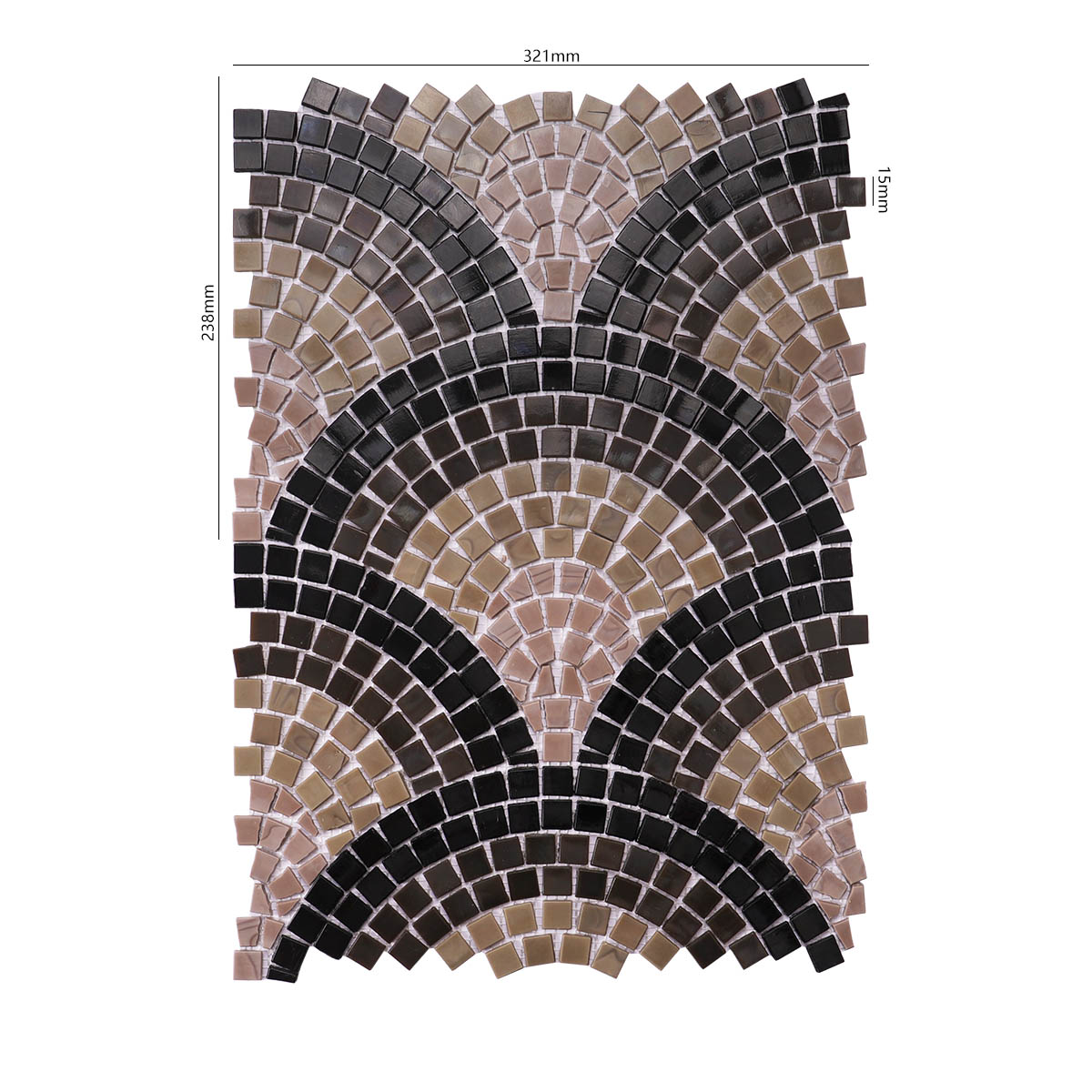 Obverse side of hand-cut scale glass mosaic artwork tiles with size