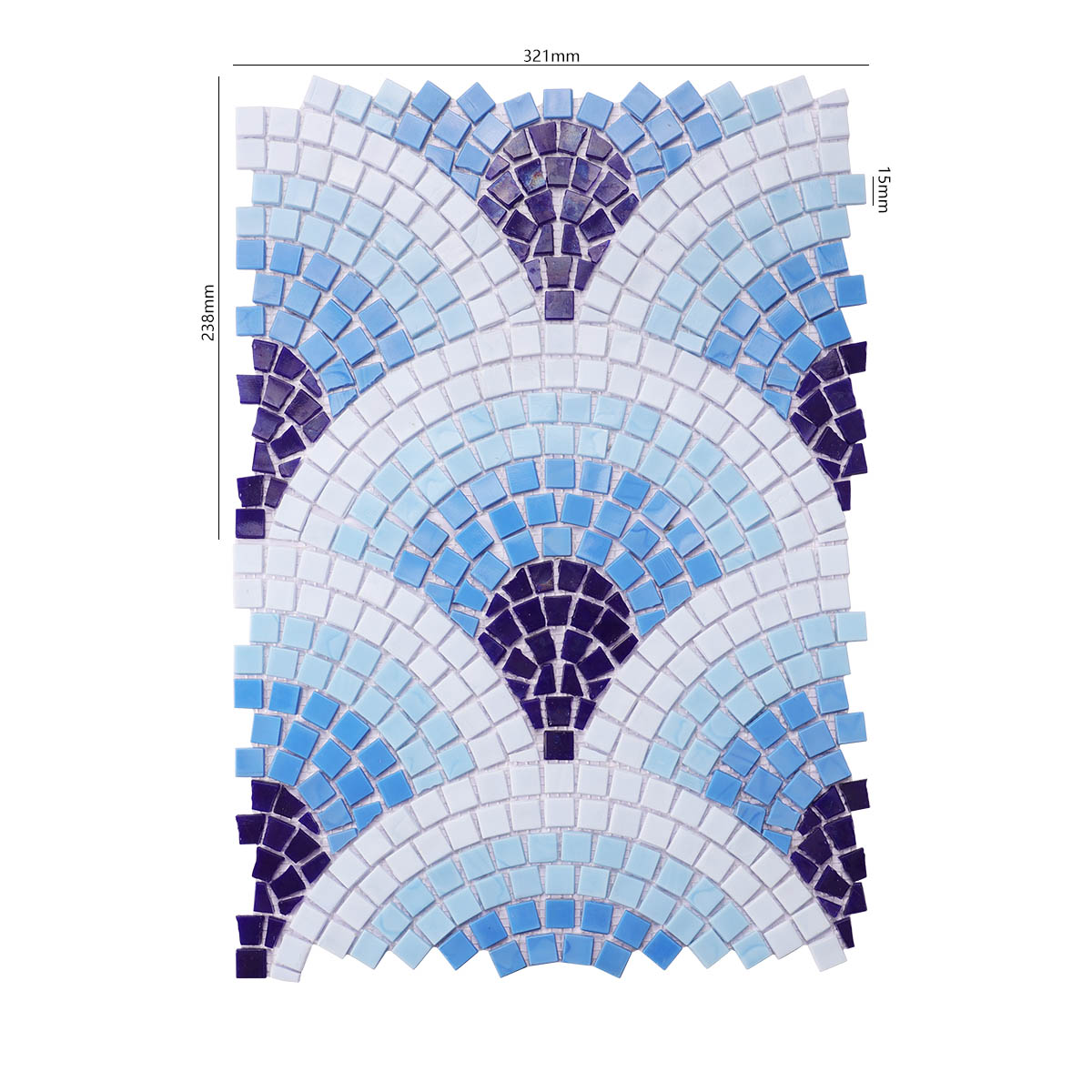 Obverse side of blue scale glass mosaics with cutting art, showing size