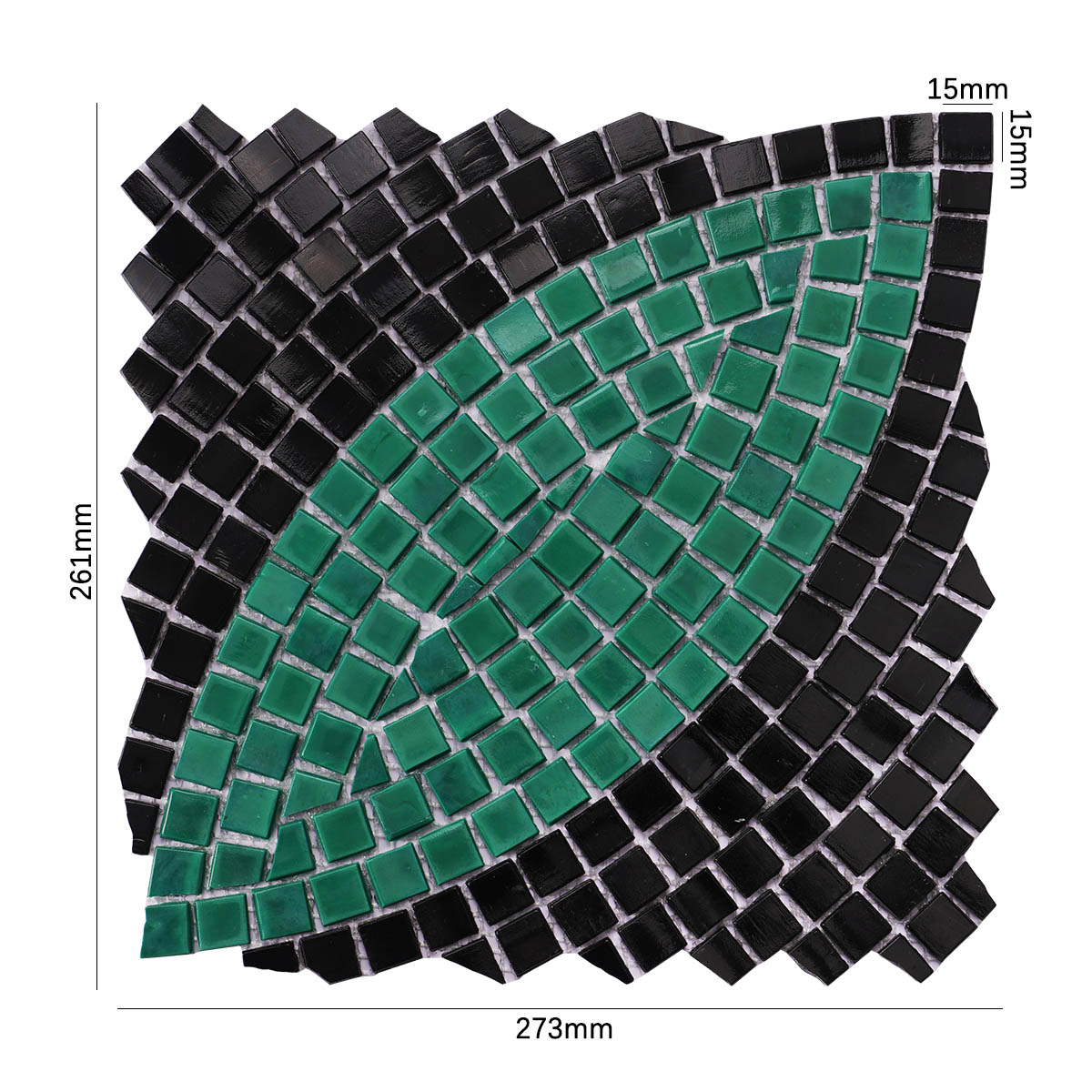 Obverse side of glass mosaic tiles with hand-cut art patterns, showing size