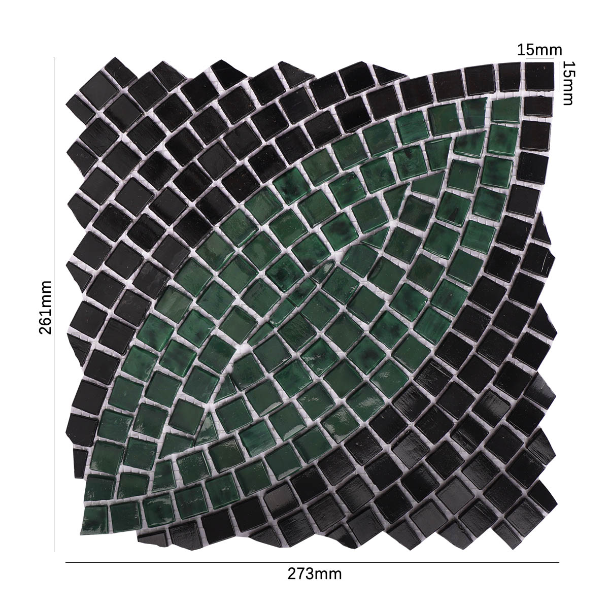 Obverse side of green and black glass mosaic pattern wall art with size