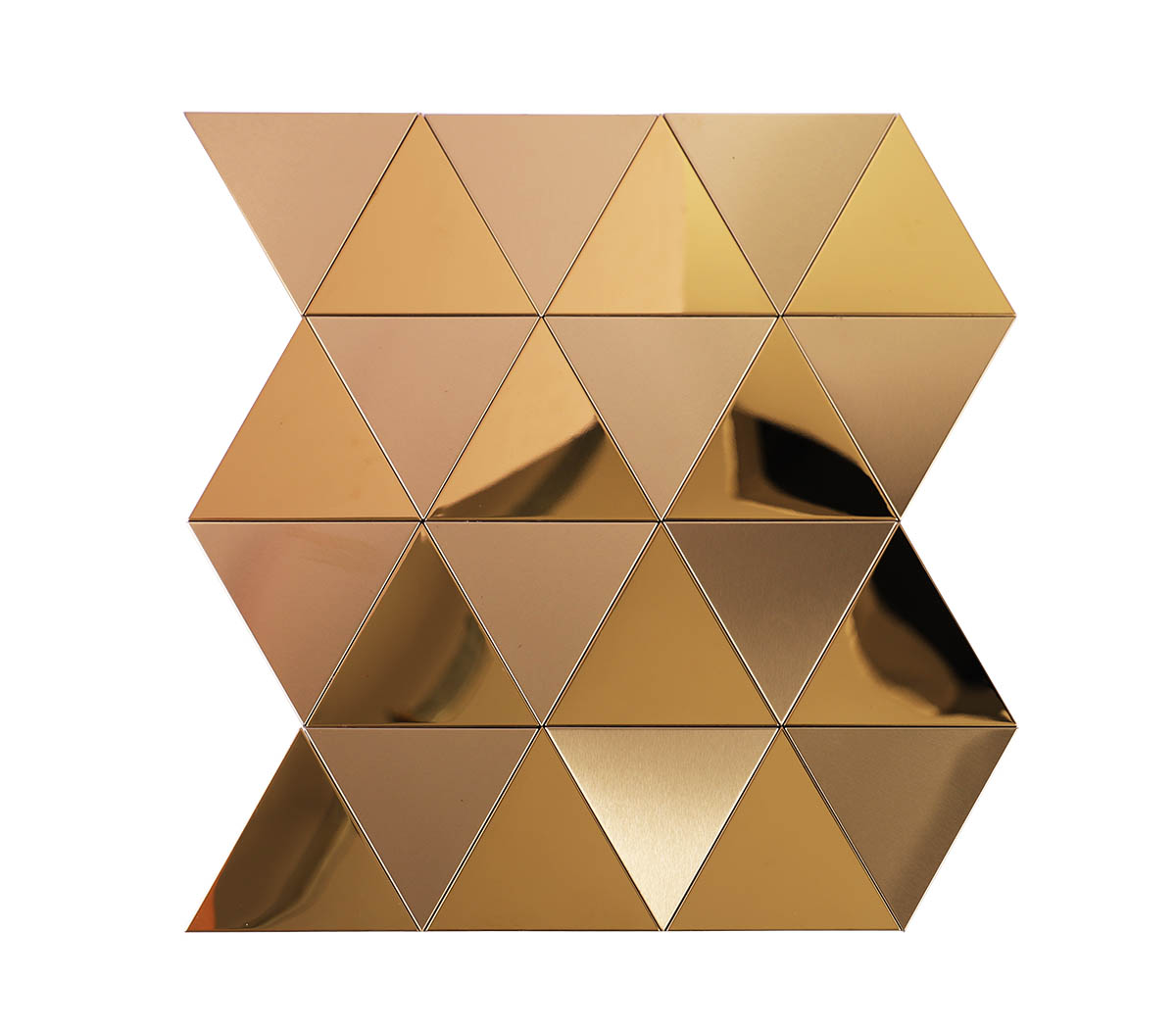Obverse side of gold triangle metal mosaic wall tiles
