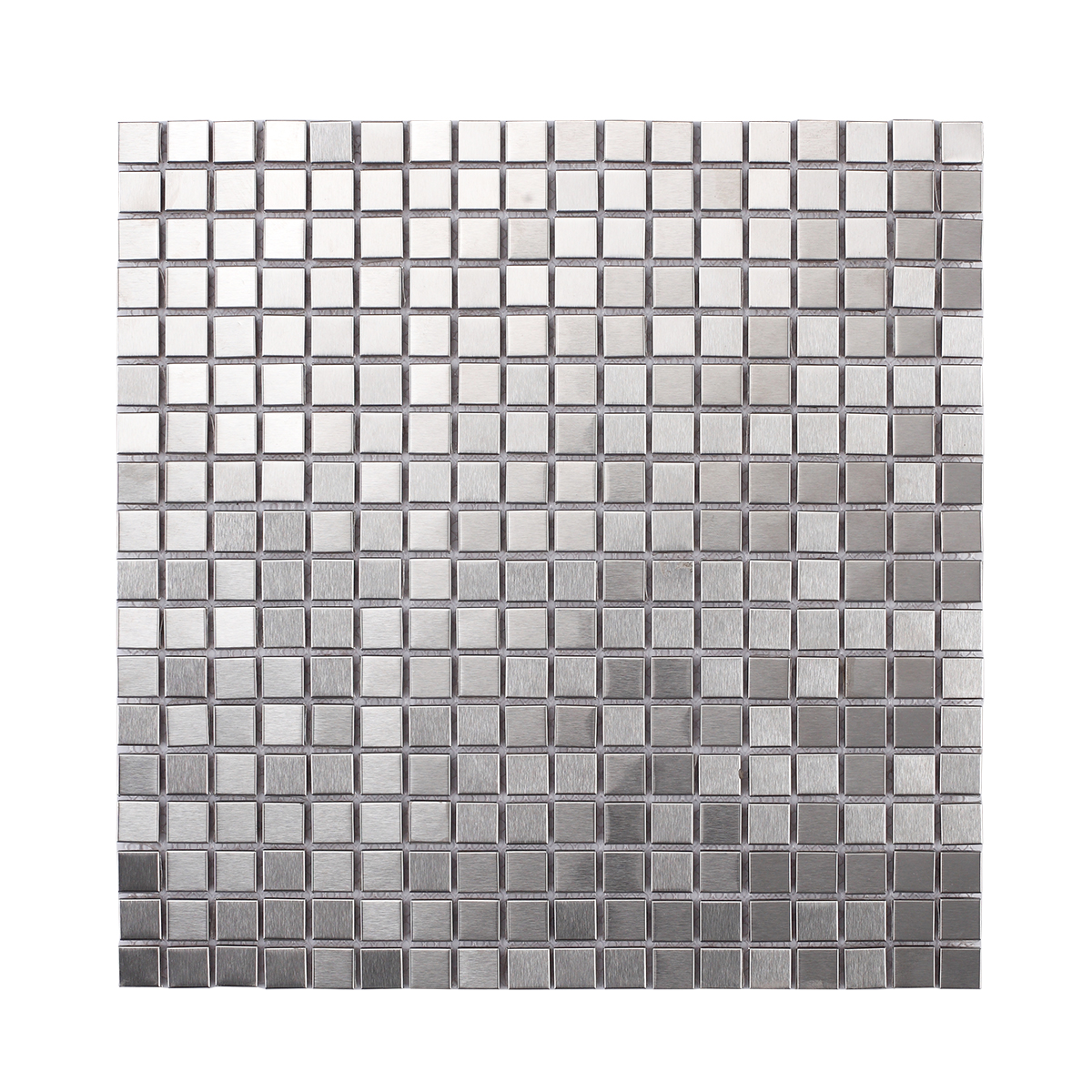 Front view of square silver stainless steel mosaic tiles.