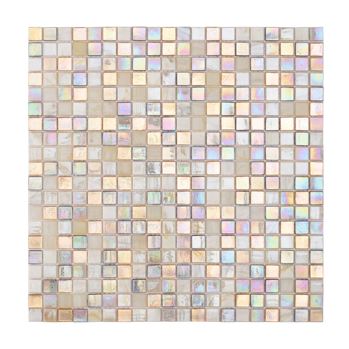 Obverse side of beige and gold iridescent glass mosaic tiles mixed.