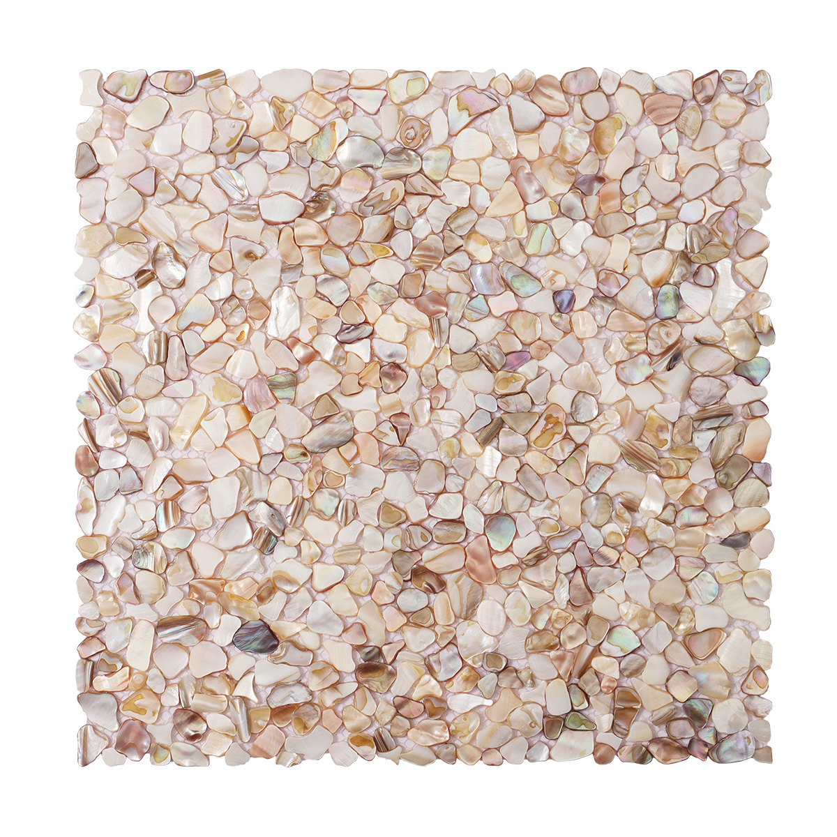 Front view of Mother of Pearl random tiny pebble mosaic tiles.
