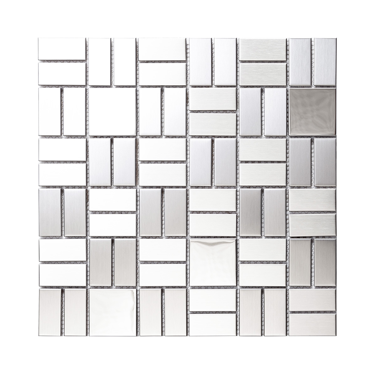 Obverse side of silver stainless steel mosaic tiles