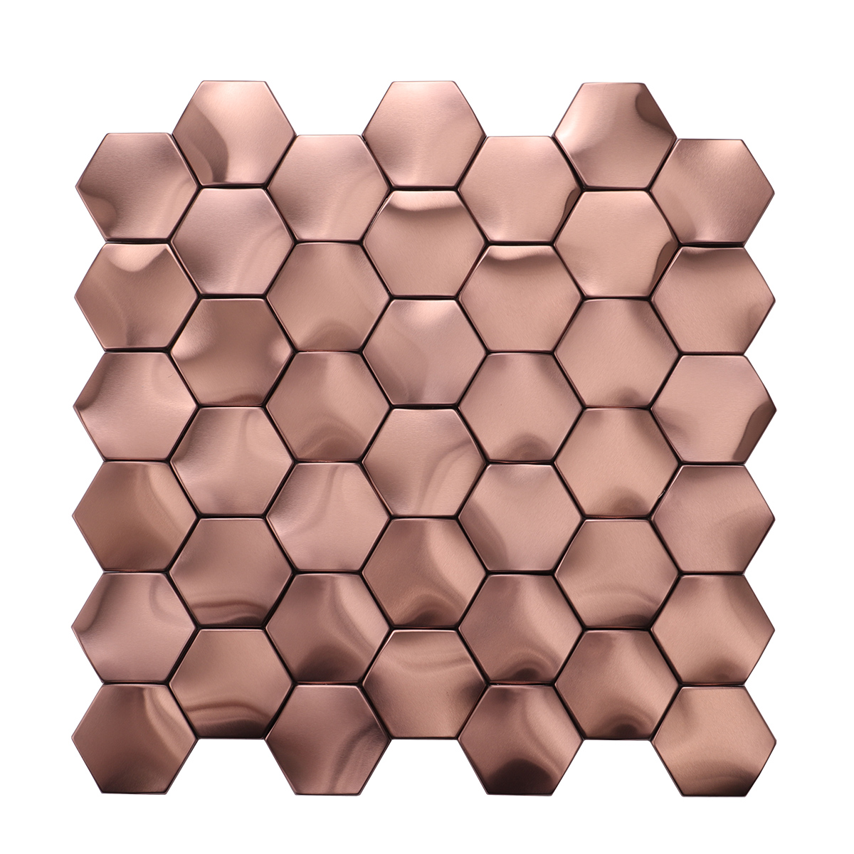 Obverse side of rose gold 3D hexagon stainless steel mosaic tiles.