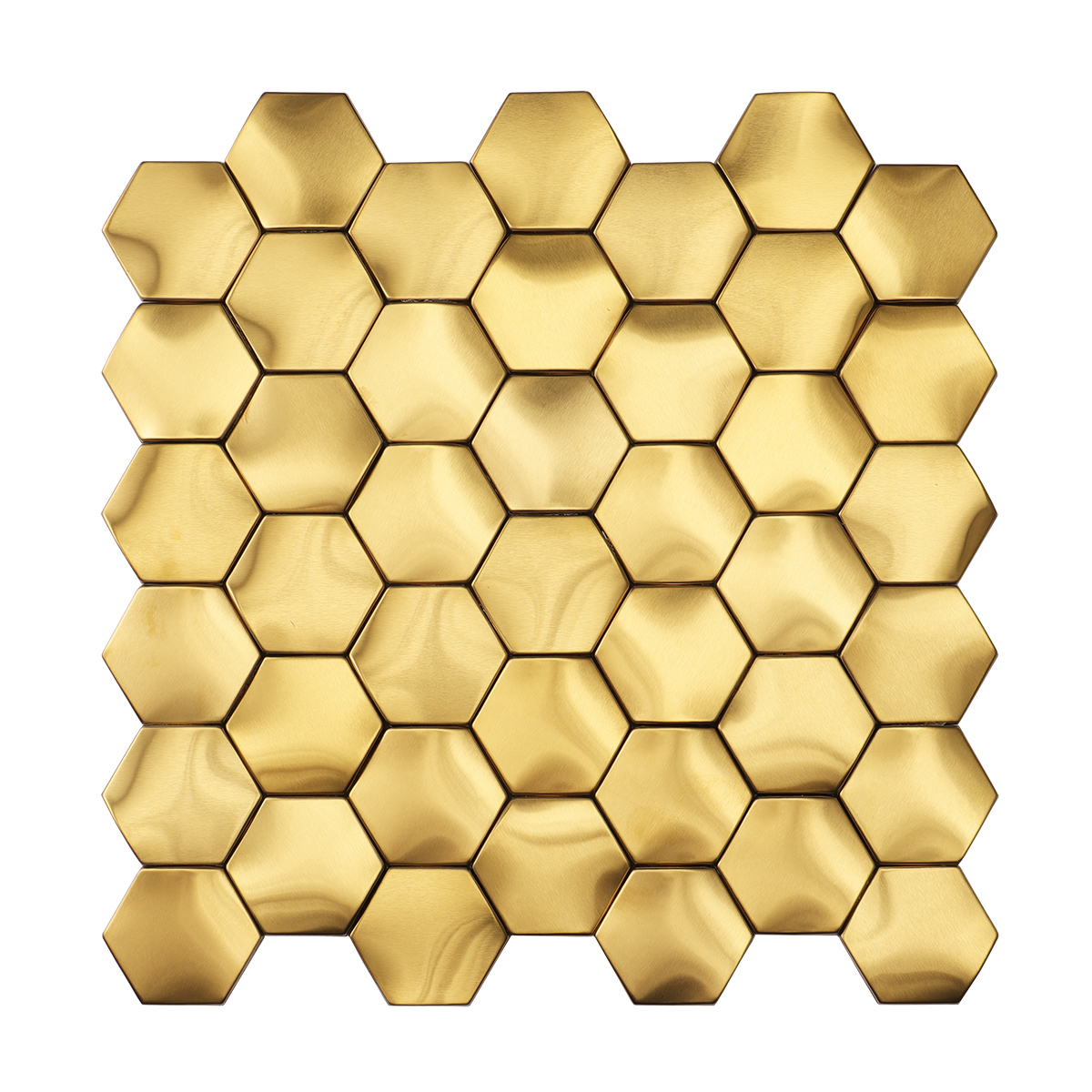 Obverse side of 3D gold stainless steel hexagon mosaic wall tiles.