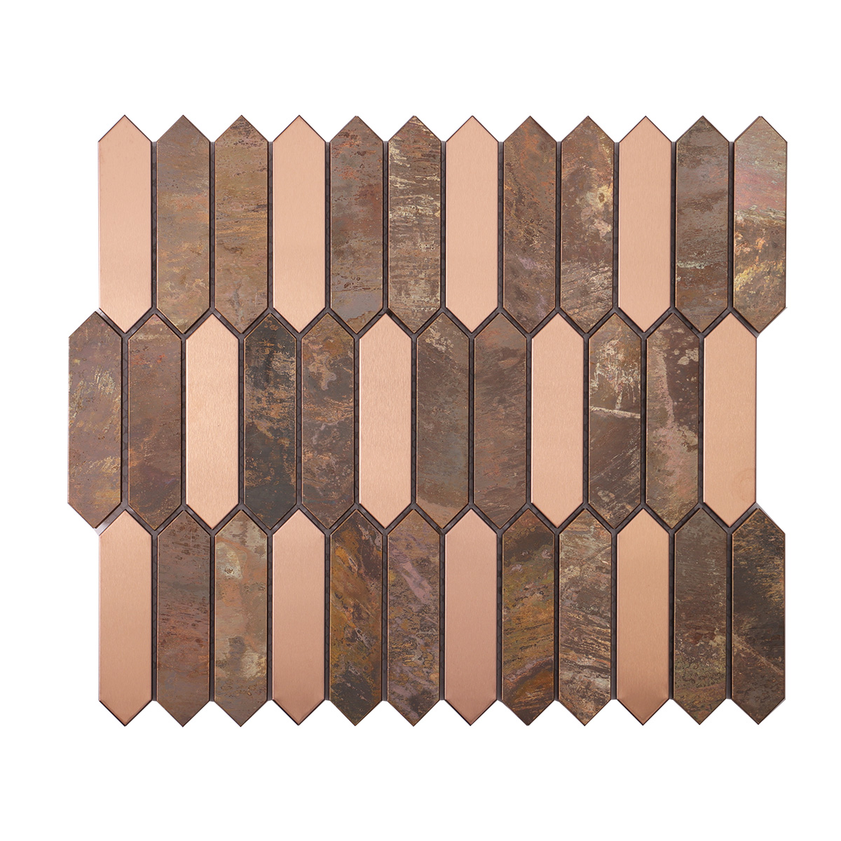 Obverse side of  picket copper and stainless steel metal mosaic tiles.