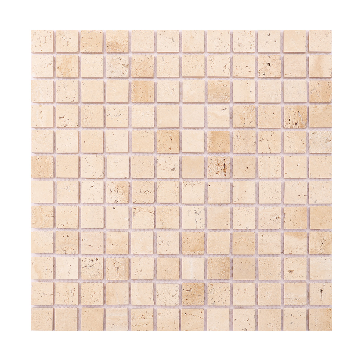 Obverse side of light honed square mosaic travertine.