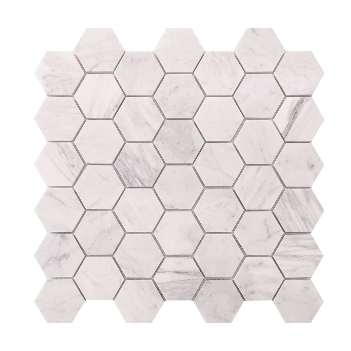 Obverse side of Carrara white hexagon marble mosaic tiles.