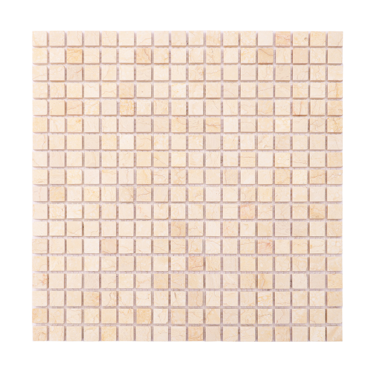 Obverse side of Crema Marfil polished marble mosaic tiles.