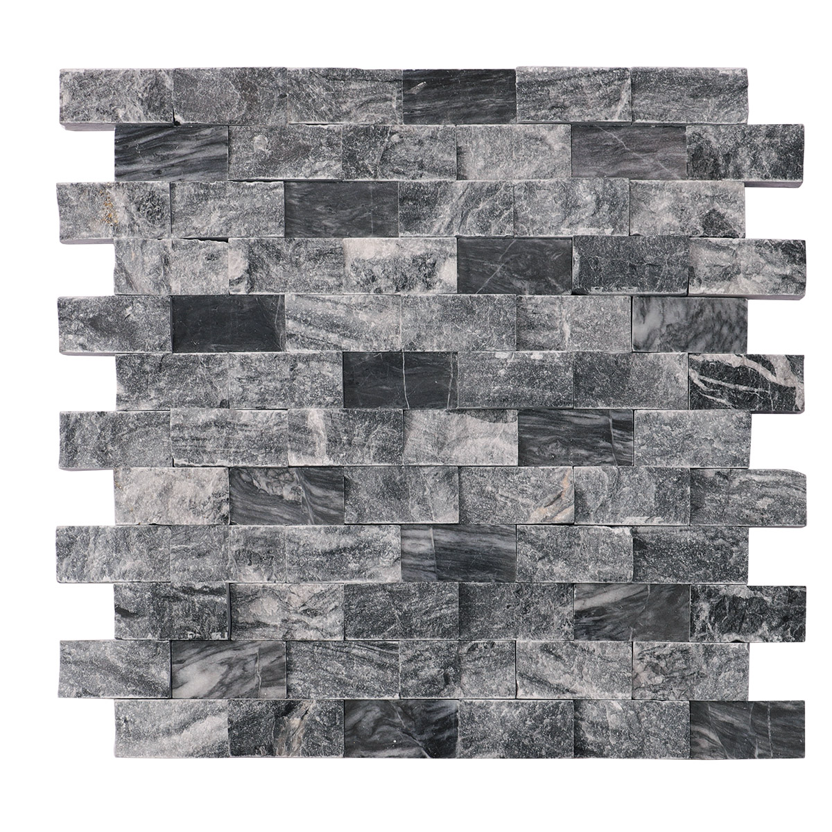 Obverse side of gray split face marble mosaic wall tiles.