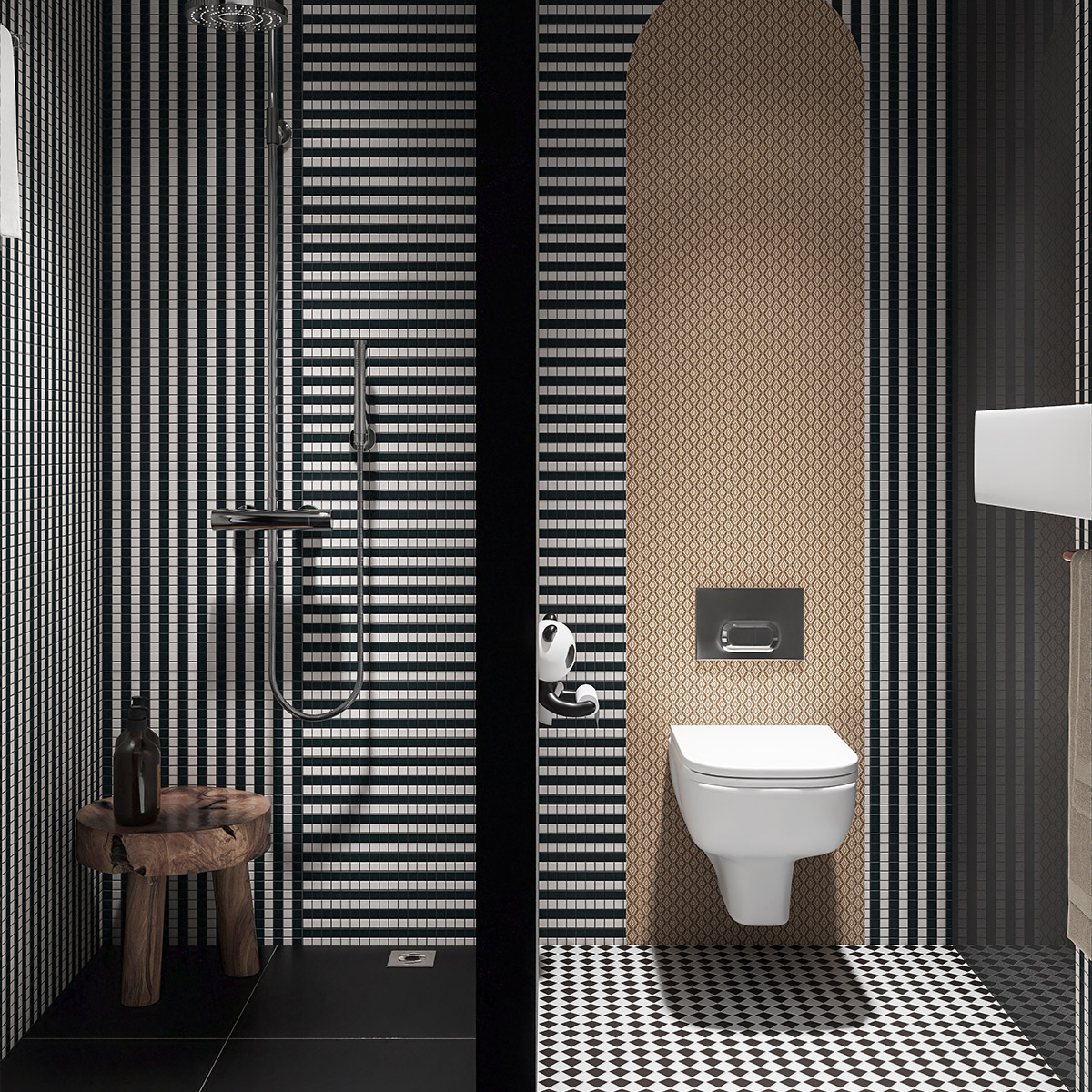 Black and white stripe vintage glass mosaic tiles in a black and white themed bathroom.