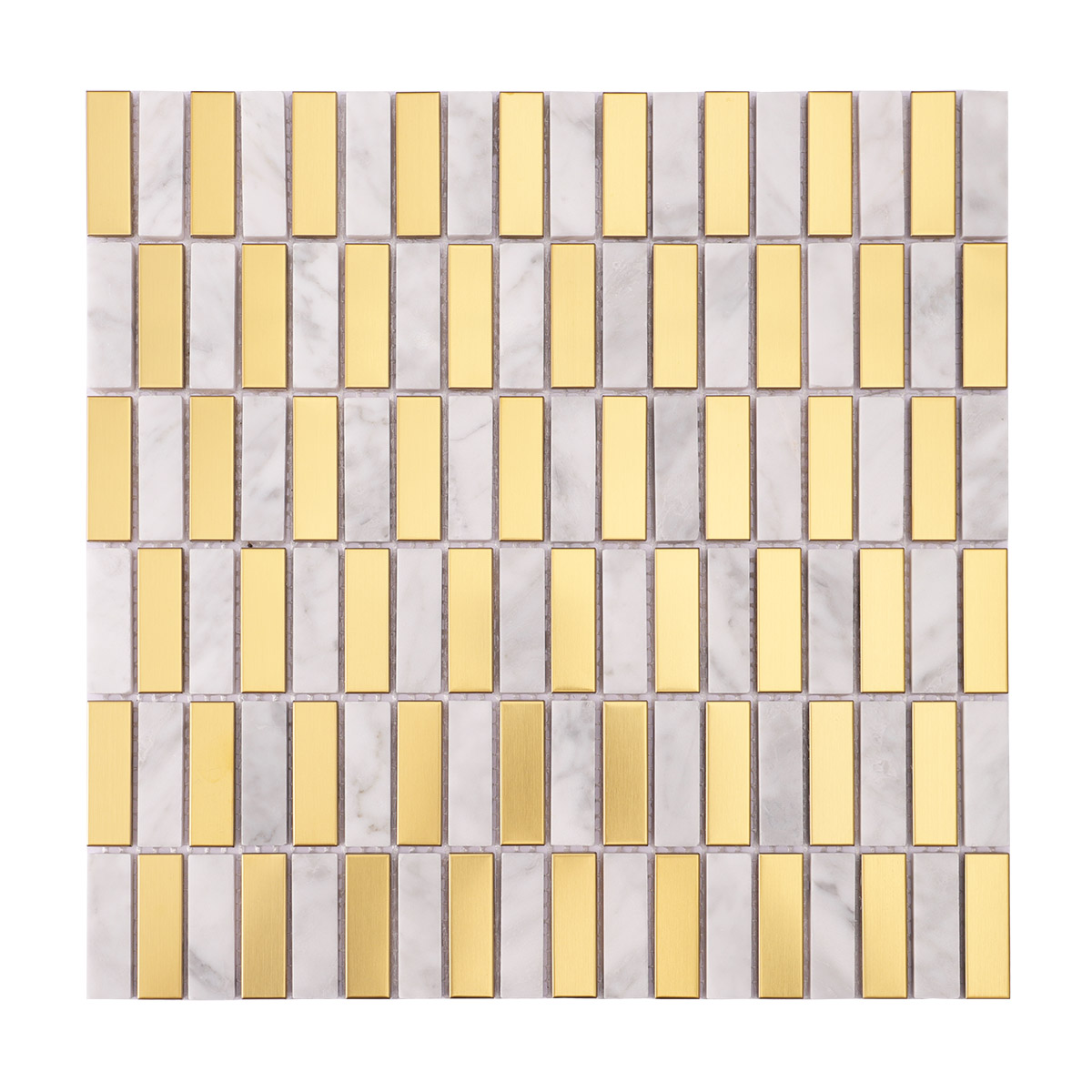 Obverse side of gold metal and Carrara white marble mosaic tiles.