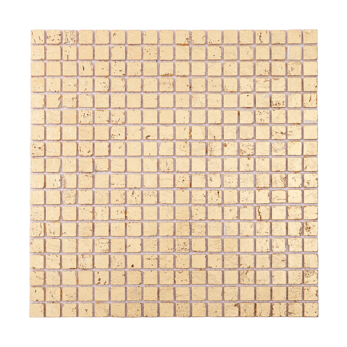 Obverse side of gold foil square travertine mosaic tiles.